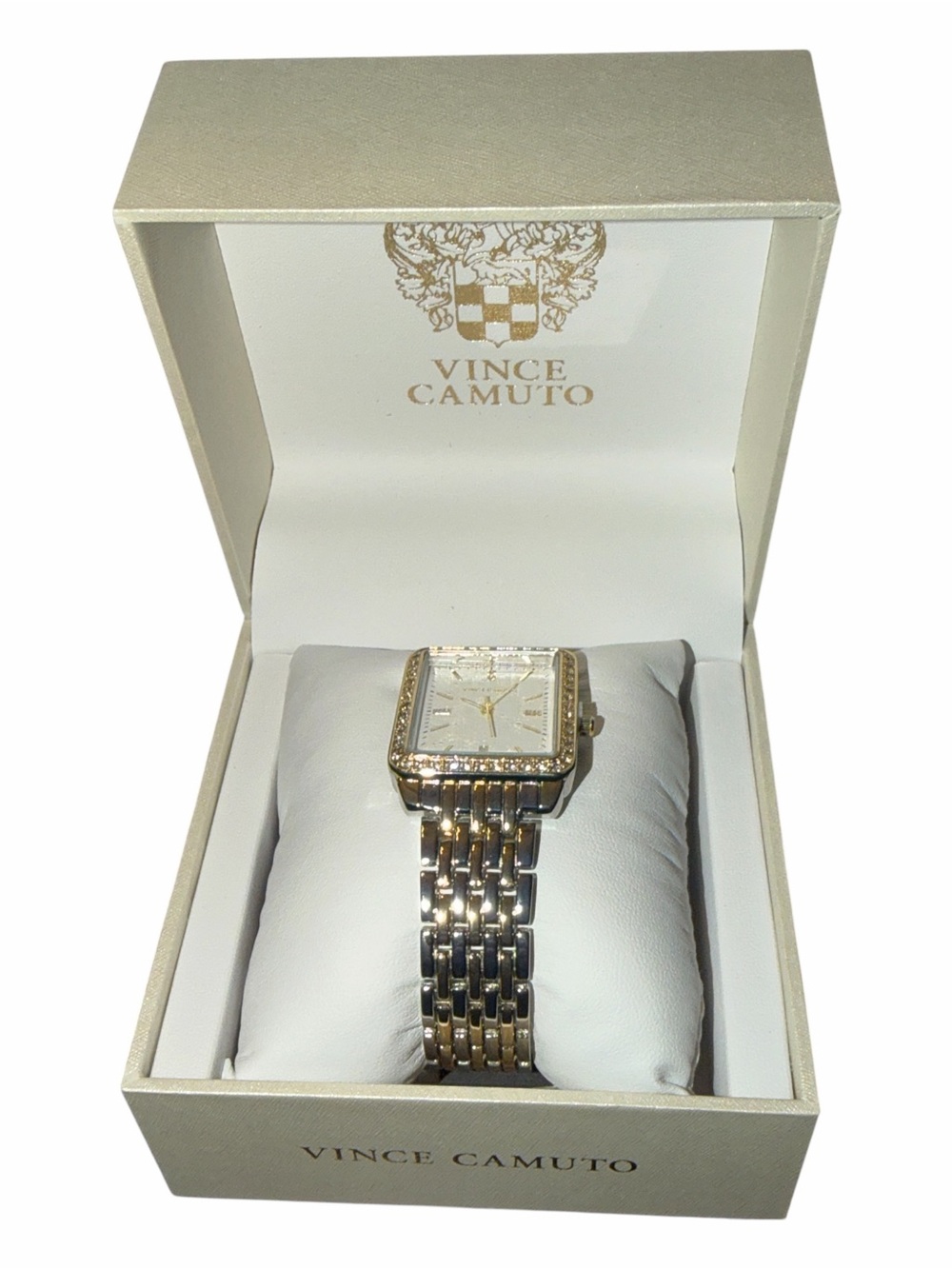 NIB Vince Camuto Two-Tone Square Dial Watch with Crystal Bezel